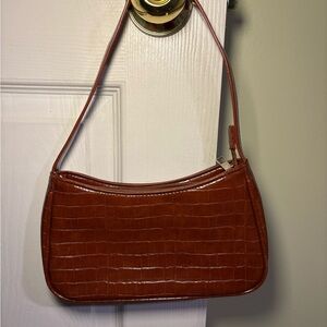 Brown Croc-Embossed Shoulder Bag